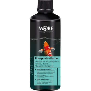 Flasche MORE für Fisch Phosphatentferner mit Koi-Fisch-Bild, Text in mehreren Sprachen, der die Vorteile beschreibt.