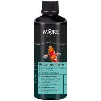 Flasche MORE für Fisch Phosphatentferner mit Koi-Fisch-Bild, Text in mehreren Sprachen, der die Vorteile beschreibt.