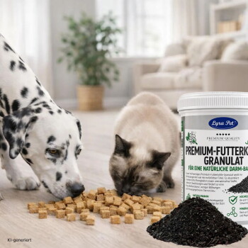 Dalmatiner und Siamkatze fressen quadratisches Kibble auf dem Boden neben einer Dose mit Aufschrift „Lyra Pet“ „Premium-Futter... Granulat“.
