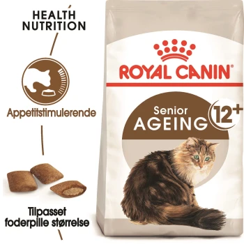 Royal Canin Senior Ageing 12+ Katzenfutterbeutel mit einer sitzenden Katzenillustration, mit Text, der die Appetitanregung und die Kibble-Größe hervorhebt.