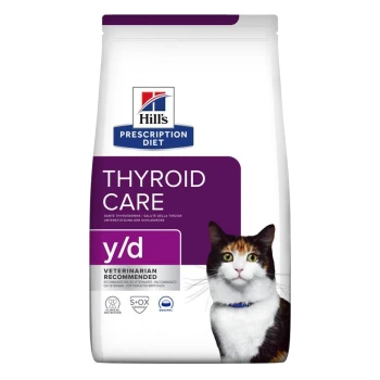 Hill's Prescription Diet Thyroid Care y/d kattenvoerzak met een calico kat op de voorkant, gelabeld 'Door dierenartsen aanbevolen.'