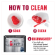 Red KONG toy cleaning steps: HOW TO CLEAN — 1 SOAK, 2 CLEAN, 3 DISHWASHER* (top shelf only; no heated drying).