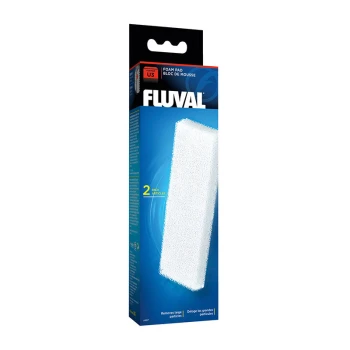 Filtre mousse U3 Emballage de la mousse Fluval U3, présentant un coussin en mousse blanc, avec un texte indiquant "2 paquets" et "Élimine les grosses particules."