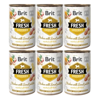 Sechs Dosen Brit Fresh Chicken Hundefutter, beschriftet mit "Huhn mit Süßkartoffel, angereichert mit Kräutern," mit einem Design aus natürlichen Zutaten.