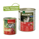 Zwei Dosen Haustierfutter: eine kleine "Real Nature Wilderness Pure Beef" und eine größere mit einem Wolf, beide 95% Rind. Grüner Bubble liest "Neues Design!"