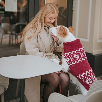 Eine Frau in einem beigen Mantel sitzt an einem Tisch mit einem Hund, der einen roten Pullover mit weißen Schneeflocken trägt, beide schauen sich an.