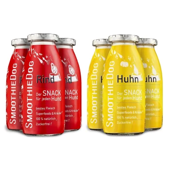 Rind / Huhn 6x250 ml Zwei Packungen Hundesnacks in Flaschen, eine rote mit der Aufschrift "Rind" und eine gelbe mit der Aufschrift "Huhn," beide mit dem Satz "Der SNACK für jeden Hund."