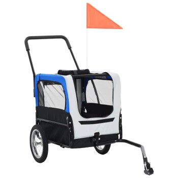 Tierkinderwagen mit einem blauen und grauen Design, mit Netzfenstern, einem Lenker und einer orangefarbenen Sicherheitsflagge.