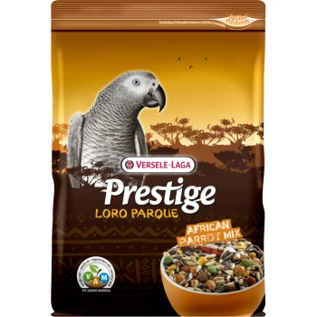 Eine Tüte Versele-Laga Prestige Loro Parque Afrikanische Papageienmischung, mit einer Illustration eines grauen Papageis und einer Schüssel mit gemischten Samen und Nüssen.