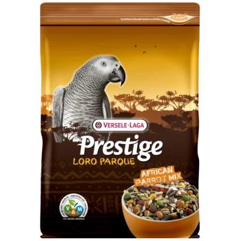 Un sac de mélange de perroquet africain Versele-Laga Prestige Loro Parque, avec une illustration de perroquet gris et un bol de graines et de noix mélangées.