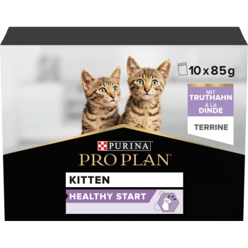 Nutri Savour Junior Truthahn 10x85 g Purina Pro Plan Kitten Healthy Start Pack mit zwei verspielten getigerten Kätzchen und Etiketten "10 x 85g" und "Terrine mit Truthahn."