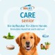 DOG FIT CARE Senior-Verpackung mit Text 'Die Aufbaukur für ältere Hunde', Hundefoto und Bildern von Kräutern, Pulver und Ölen