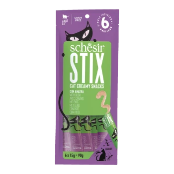 Schesir STIX cat creamy snacks with duck, grain free, adult cat, 6 single individual portions, 90g total.