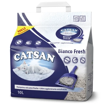Bianco Fresh Klumpstreu 10L CAT SAN Bianco Fresh Katzenstreu-Beutel, 10L, mit einer schlafenden weißen Katze und einer blauen Schaufel, mit Text, der Klumpenbildung und Frische hervorhebt.