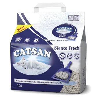 CAT SAN Bianco Fresh Katzenstreu-Beutel, 10L, mit einer schlafenden weißen Katze und einer blauen Schaufel, mit Text, der Klumpenbildung und Frische hervorhebt.
