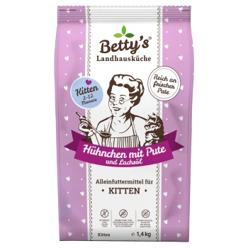 Betty's Landhausküche Kittensfuttertüte (lila Herzen) — Huhn & Truthahn mit Lachsöl, für Kätzchen 2–12 Monate, 1,4 kg.
