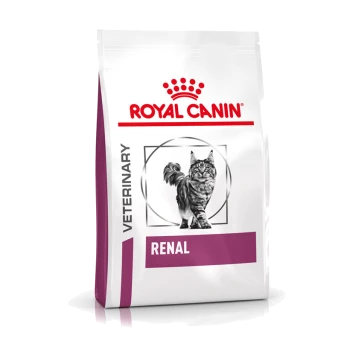 Royal Canin Veterinary Renal Katzenfutter-Tüte mit einer Illustration einer grauen getigerten Katze, mit dem Logo "ROYAL CANIN" und "RENAL" deutlich sichtbar.