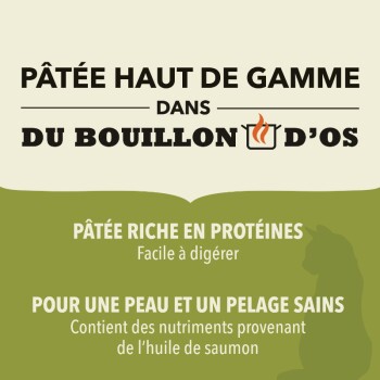 Pâtée haut de gamme dans du bouillon d'os, riche en protéines, facile à digérer, pour une peau et un pelage sains.