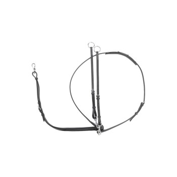 Schwarzes Leder-Ha harness mit silbernen Metallringen und Clips, entworfen für sichere Befestigung und Komfort.