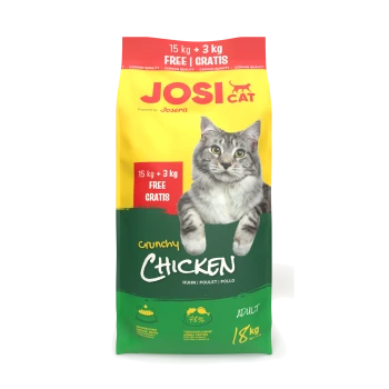 Tüte JOSI CAT Crunchy Chicken Alleinfutter für erwachsene Katzen (18 kg) mit Bild einer grauen Katze; '15 kg + 3 kg FREE | GRATIS' sichtbar.