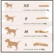 Größentabelle für Hundekauspielzeug: XS (bis zu 7 kg), S (bis zu 12 kg), M (bis zu 20 kg), L (über 20 kg), mit Hundesilhouetten und Spielzeugillustrationen.