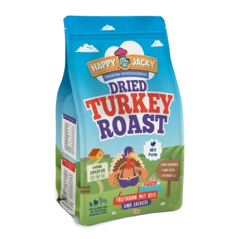 Happy Jacky getrocknetes Putenbraten-Hundefutter mit Cartoon-Pute, 2 kg, Text auf Deutsch.
