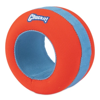 Chuckit! orange-blauer robuster Hundespielzeugring mit hohlem Zentrum zum Apportieren und Kauen.