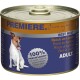Nourriture pour chien en conserve étiquetée "Premiere" présentant un chien se léchant les lèvres, avec un texte indiquant "100% Viande Fraîche" et "Riche en Agneau."