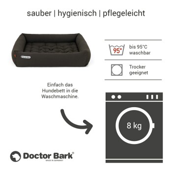 Nahaufnahme eines dunklen Stoffes mit einem Knopfdetail, das das Logo "Doctor Bark" und den Text "MADE IN GERMANY" zeigt.