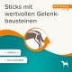 Sticks mit wertvollen Gelenkbausteinen, mit einer Abbildung eines Hundegelenks, mit Text, der Omega 3 und Glucosamin hervorhebt.