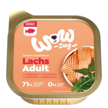 WoW Dog erwachsenes Nassfutter mit Lachs, 71 % Fisch, Fleisch & Innereien, getreide- und glutenfrei, hergestellt in Österreich.