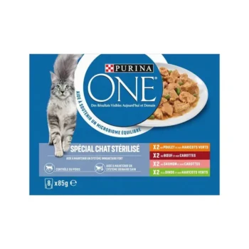 Emballage de nourriture pour chat Purina ONE mettant en vedette un chat gris, avec des saveurs : poulet & haricots verts, bœuf & carottes, saumon & carottes, dinde & haricots verts.