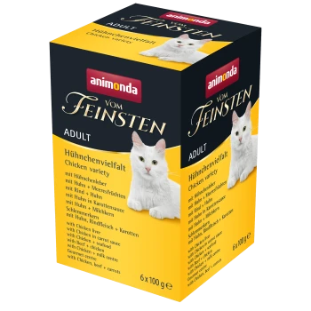 Schachtel mit Animonda Vom Feinsten Katzenfutter für Erwachsene, mit einer weißen Katze und "Hühnchenvielfalt" mit Hühnerleber, Rindfleisch, Meeresfrüchten und Karotten.