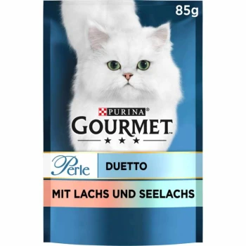 Opakowanie karmy dla kotów Purina Gourmet Perle Duetto z puszystym białym kotem, oznaczone "Mit Lachs und Seelachs," 85g.