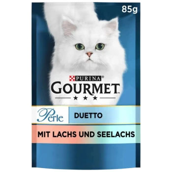 Verpackung von Purina Gourmet Perle Duetto Katzenfutter mit einer flauschigen weißen Katze, beschriftet mit 'Mit Lachs und Seelachs', 85g.