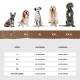 Bild von fünf Hunden, die verschiedene Größen (S, M-L, XL, XXL, XXXL) repräsentieren, mit einer Größentabelle, die externe und interne Maße in Zentimetern detailliert.