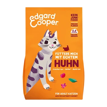 Hundfutterbeutel mit einer verspielten, illustrierten Katze, orangefarbenem Hintergrund und Text: "Füttere mich mit echtem Huhn" und "Für adult Katzen."