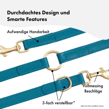Türkise Hundeleine mit goldenen Beschlägen, in drei Längen verstellbar, mit Text, der "Durchdachtes Design und intelligente Funktionen" hervorhebt.