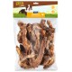 Eine klare Plastiktüte gefüllt mit getrockneten Hähnchenhälsen, beschriftet mit 'MultiFit native Snacks Hühnerhälse' und einem Hund im Hintergrund.