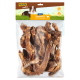 Eine klare Plastiktüte gefüllt mit getrockneten Hähnchenhälsen, beschriftet mit 'MultiFit native Snacks Hühnerhälse' und einem Hund im Hintergrund.