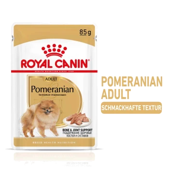 Royal Canin Pomeranian Adult Hundefutterbeutel, 85g, mit einer Illustration eines Pomeranians, mit Text, der Knochen- und Gelenkunterstützung hervorhebt.