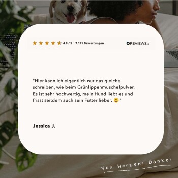 Eine Bewertung von Jessica J. über ein Haustierprodukt, mit einer Bewertung von 4,8/5 Sternen und 7.191 Bewertungen, die die Qualität und Anziehungskraft für ihren Hund lobt.