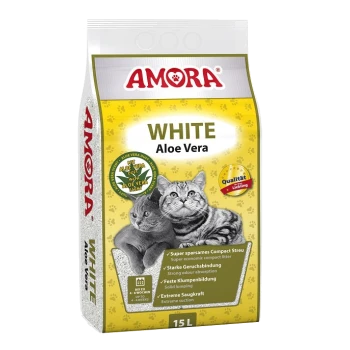 Beutel AMORA Katzenstreu 'WHITE Aloe Vera', 15 L, mit zwei abgebildeten Katzen und gelber Verpackung mit Pfotenmuster.
