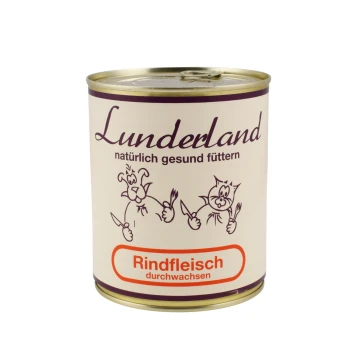 Eine Dose "Lunderland" Tiernahrung mit "natürlich gesund füttern" und "Rindfleisch durchwachsen," illustriert mit Cartoon-Tieren und Utensilien.