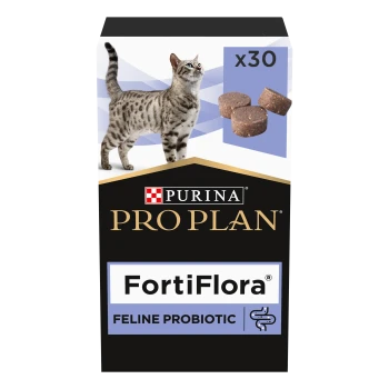 Complément probiotique pour chats Purina Pro Plan FortiFlora avec image d'un chat tacheté et 30 comprimés probiotiques.