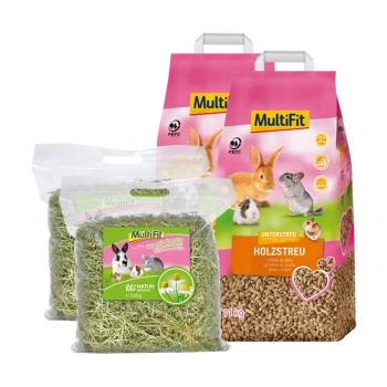 Drei MultiFit Tierpflegeprodukte: 500g Kamillenheu für Kleintiere und zwei 11kg Holzstreu-Beutel mit Bildern von Kaninchen und Meerschweinchen.