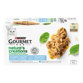 Die Verpackung des Gourmet-Katzenfutters zeigt eine flauschige weiße Katze mit Thunfisch und Spinat, beschriftet mit "Mit ausgewählten natürlichen Zutaten" und "Recycle mich!"