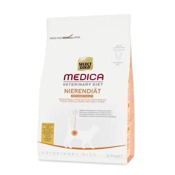 Sac de 2,5 kg de Select Gold Medica Veterinary Diet Nierendiät pour régime rénal, avec une silhouette de chat et du texte en plusieurs langues.