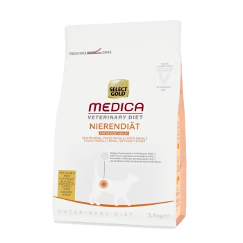 Select Gold Medica Veterinärdiät Nierendiät, 2,5 kg Beutel für Nierendiät, mit einer Katzensilhouette und Text in mehreren Sprachen.