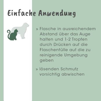 Eine Person gibt einem Hund Augentropfen, mit einer Euphrasia-Flasche in der Nähe. Der Text lautet "für einen klaren Blick" und "gute Verträglichkeit."